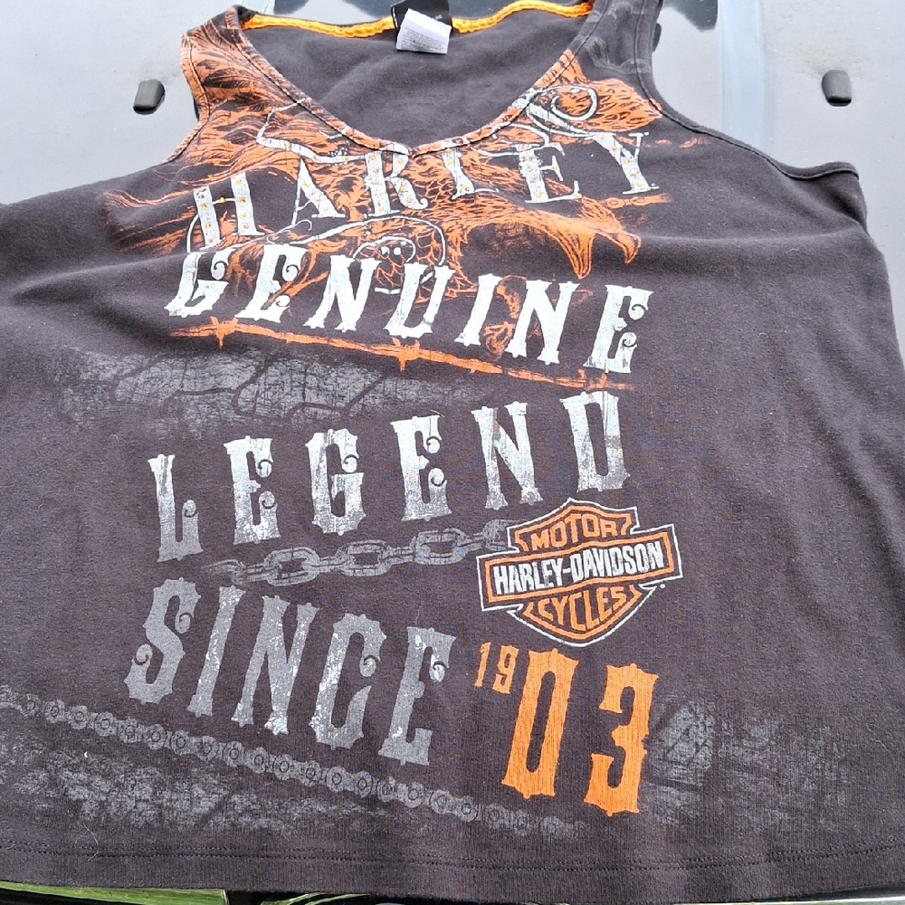 Harley-Davidson Black and Orange Tank Top with Iconic Graphics